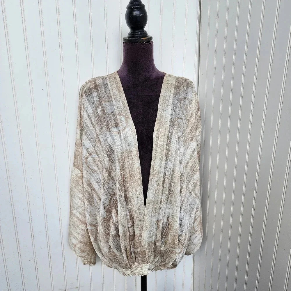 Casting Top Blouse Sheer Beige Gold Paisley Deep V-Neck Long Sleeve Size L